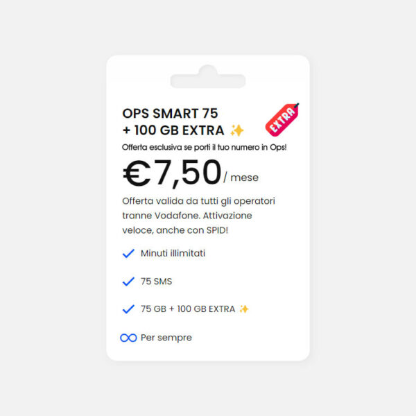 Ops! Smart 75 + 100 Gb Extra✨ Canone mensile 7.50€